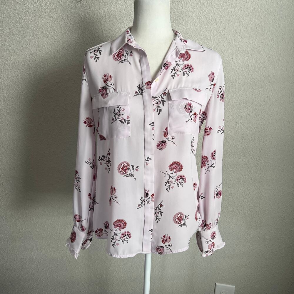 Loft Pink Floral Button Up Long Sleeve Blouse Women's Small Relaxed Feminine Top